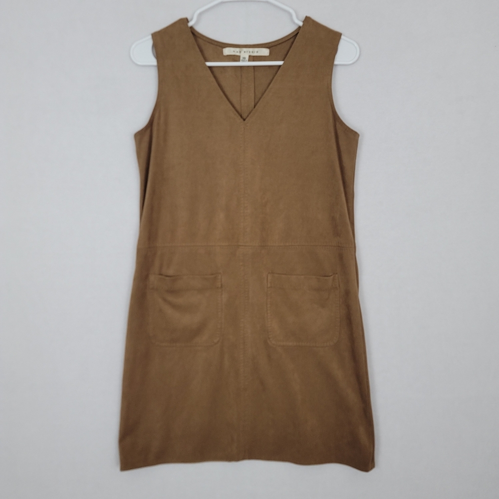 Max Studio Tan XS Overall Mini Dress Suede Front Pockets School Teacher 70s